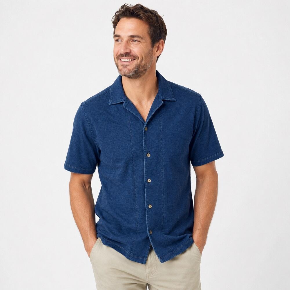 Madewell Men's 100% cotton Short Sleeve Button-Up Indigo Blue Shirt sz Medium